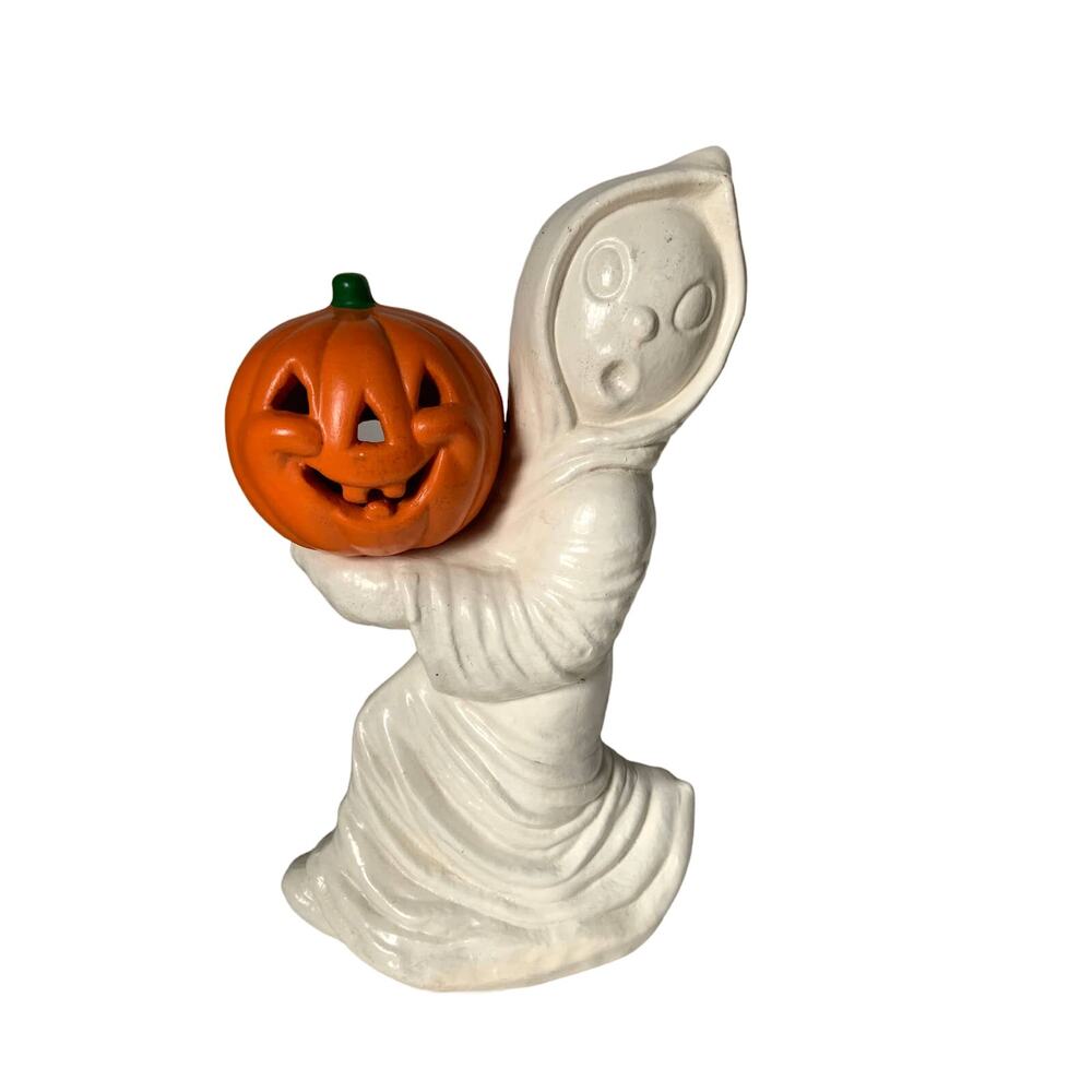 Vtg Halloween Ceramic Ghost Holding a Pumpkin Jacko Lantern (Light not included)